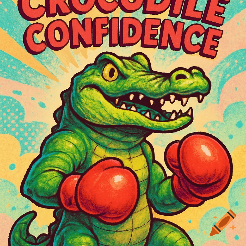 Cartoon crocodile in red boxing gloves, smiling confidently, in a vintage poster style with 'CROCODILE CONFIDENCE' text.