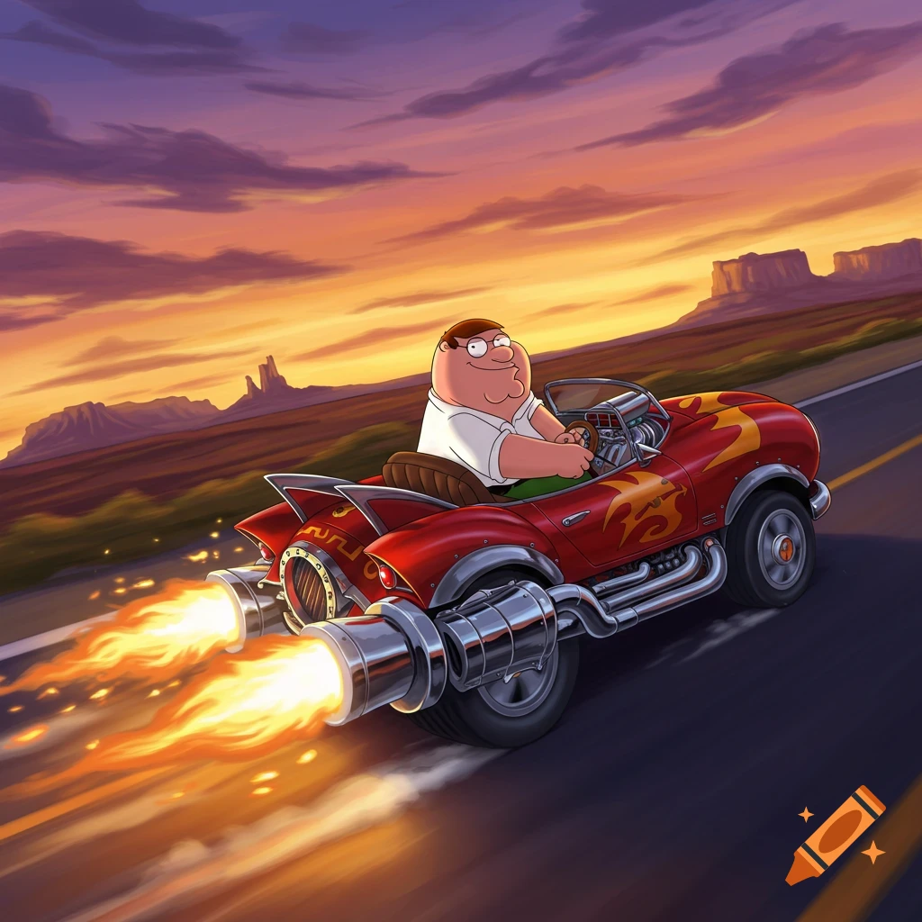 Cartoon Peter Griffin drives a red rocket-powered car with flame decals on a desert road at sunset.