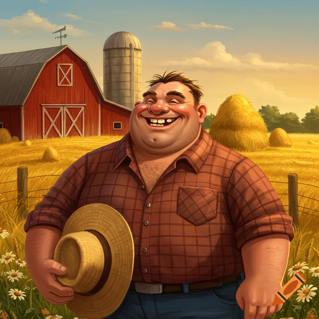 A happy cartoon farmer with a gap-toothed smile, wearing a plaid shirt and holding a straw hat in a sunny field with a red barn.