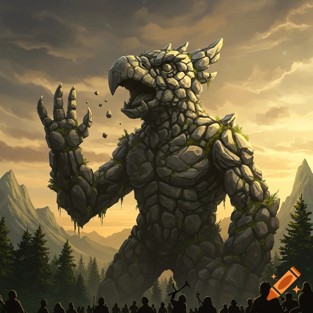 A towering, anthropomorphic gryphon-like rock monster stands before a forest and mountains at sunset, with a crowd of people below.