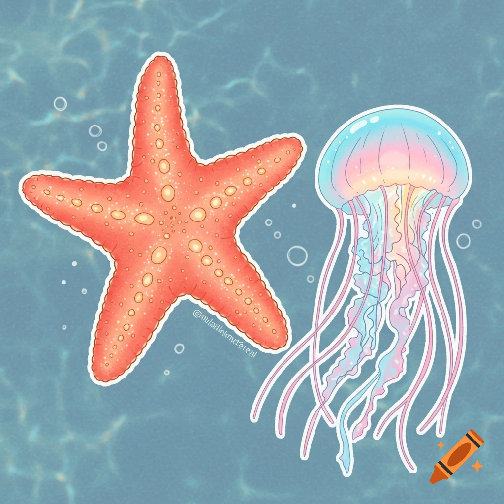 Colorful sticker-style illustration of a red starfish and a rainbow jellyfish floating in blue water with bubbles.