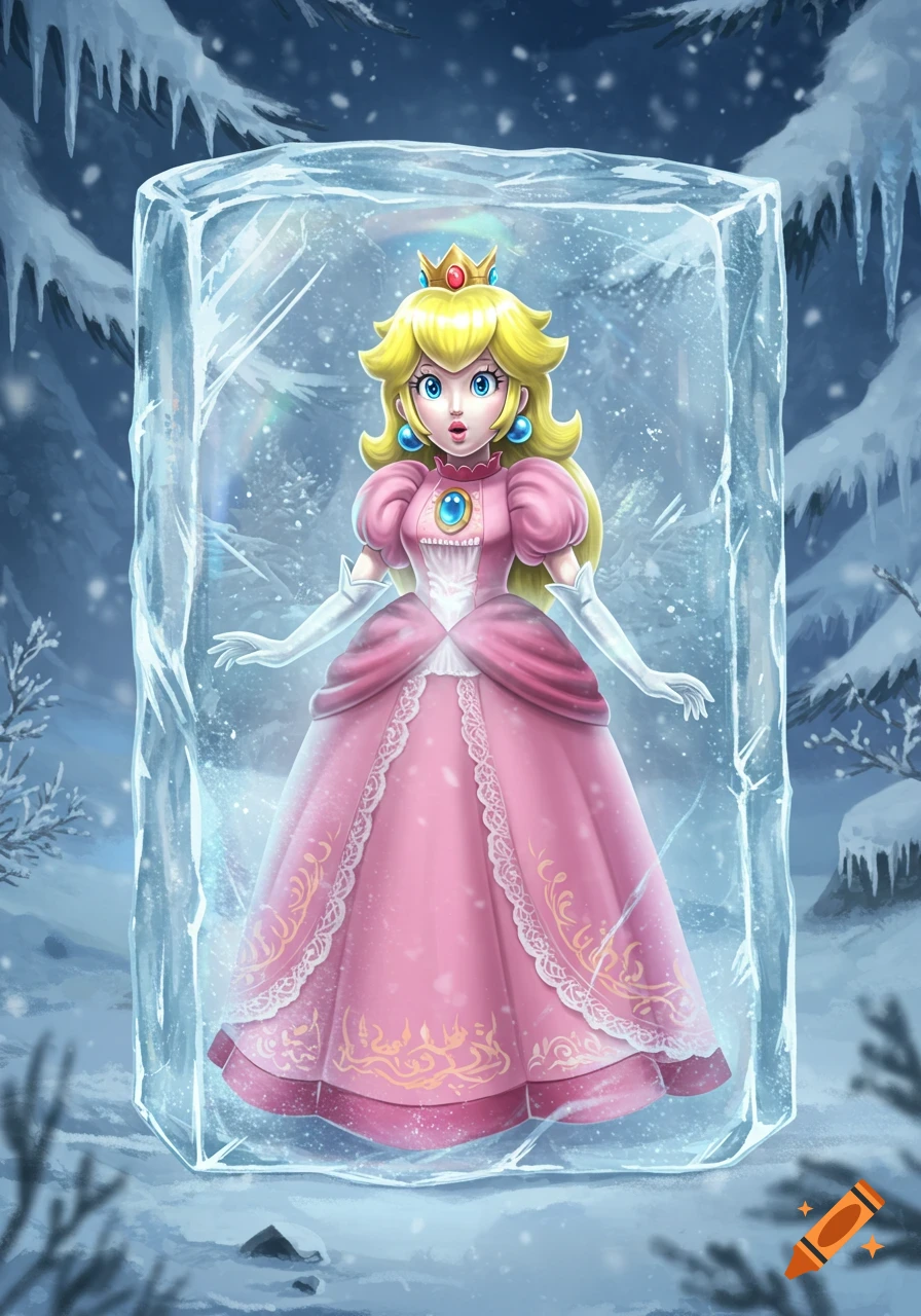 Princess Peach, with a shocked expression, frozen inside a large ice block in a snowy winter forest.