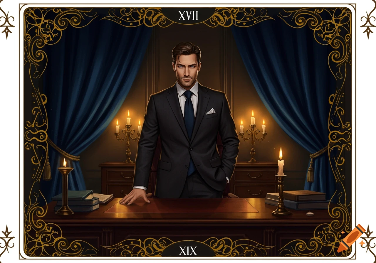 A handsome man in a dark suit stands behind a desk with candles, framed in a gold ornate border like a tarot card.