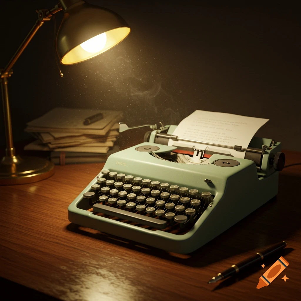 A vintage sage green typewriter sits on a wooden desk, illuminated by the warm glow of a brass desk lamp. A document is in the typewriter and a pen lies on the desk.