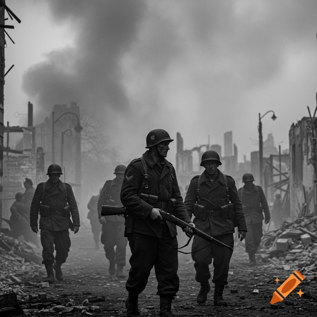 Black and white photorealistic image of soldiers walking through the rubble of a destroyed city under a smoky sky.