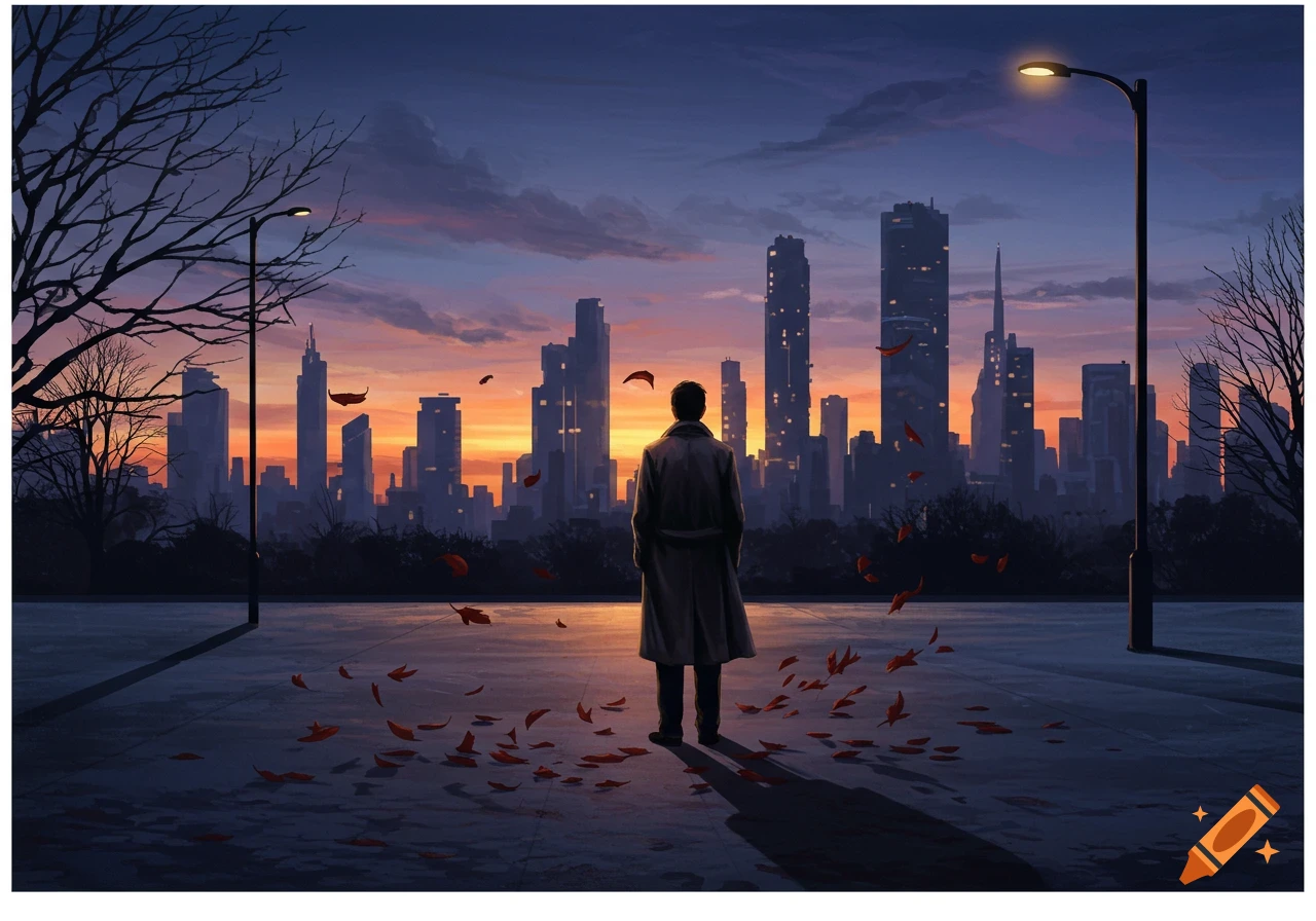 A lone figure in a trench coat stands on a path, looking at a city skyline during sunset, with autumn leaves on the ground. Digital art.