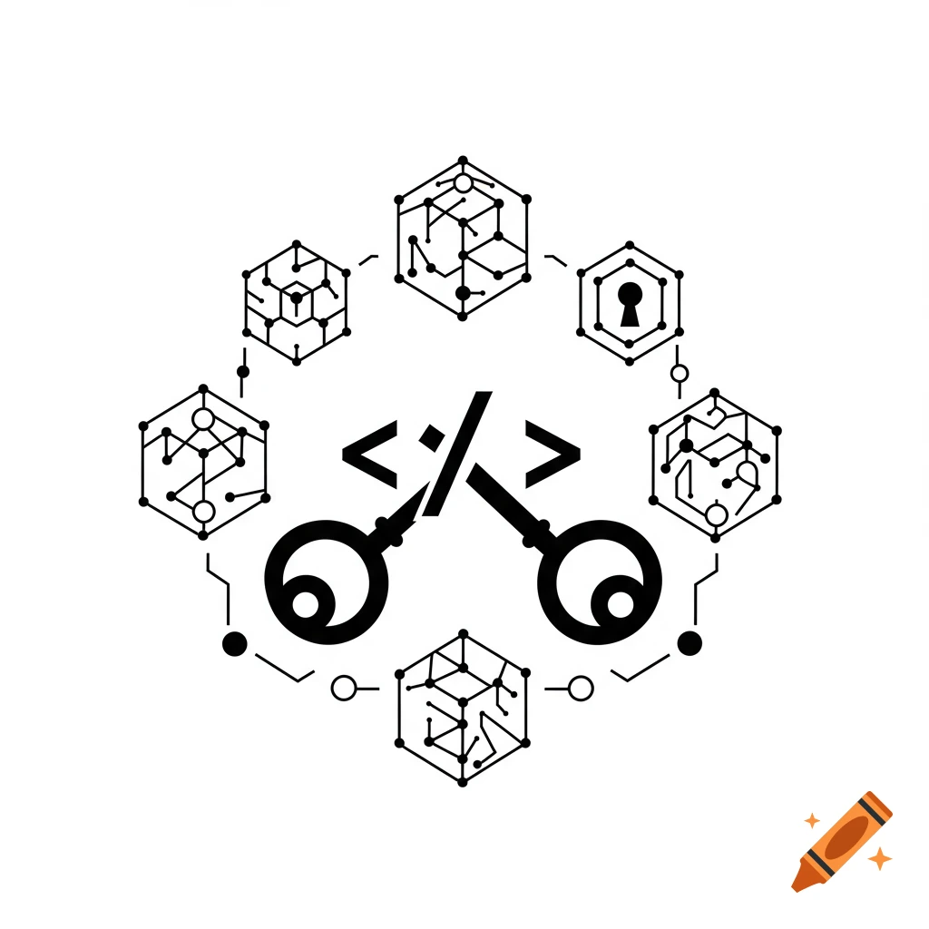 Minimalist black and white icon featuring two crossed keys and the symbol "</>" surrounded by hexagonal shapes representing a keyhole and blockchain technology.