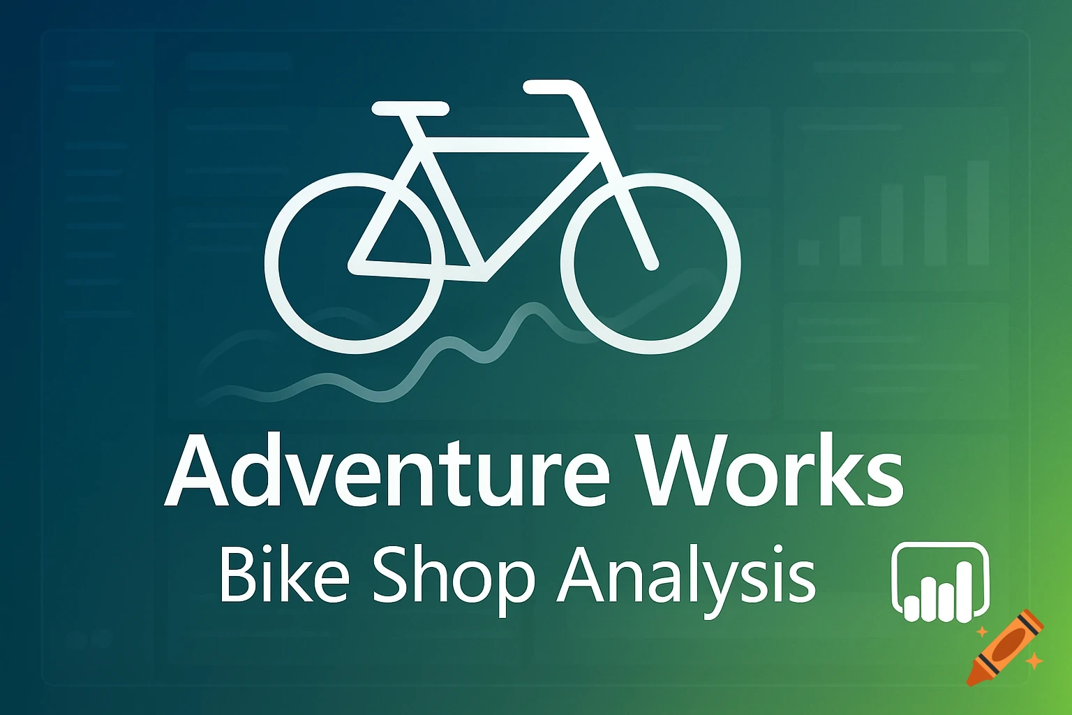A clean, modern Power BI dashboard thumbnail with a white stylized bicycle icon, data visualization elements, and text 'Adventure Works Bike Shop Analysis' on a blue-green gradient background.