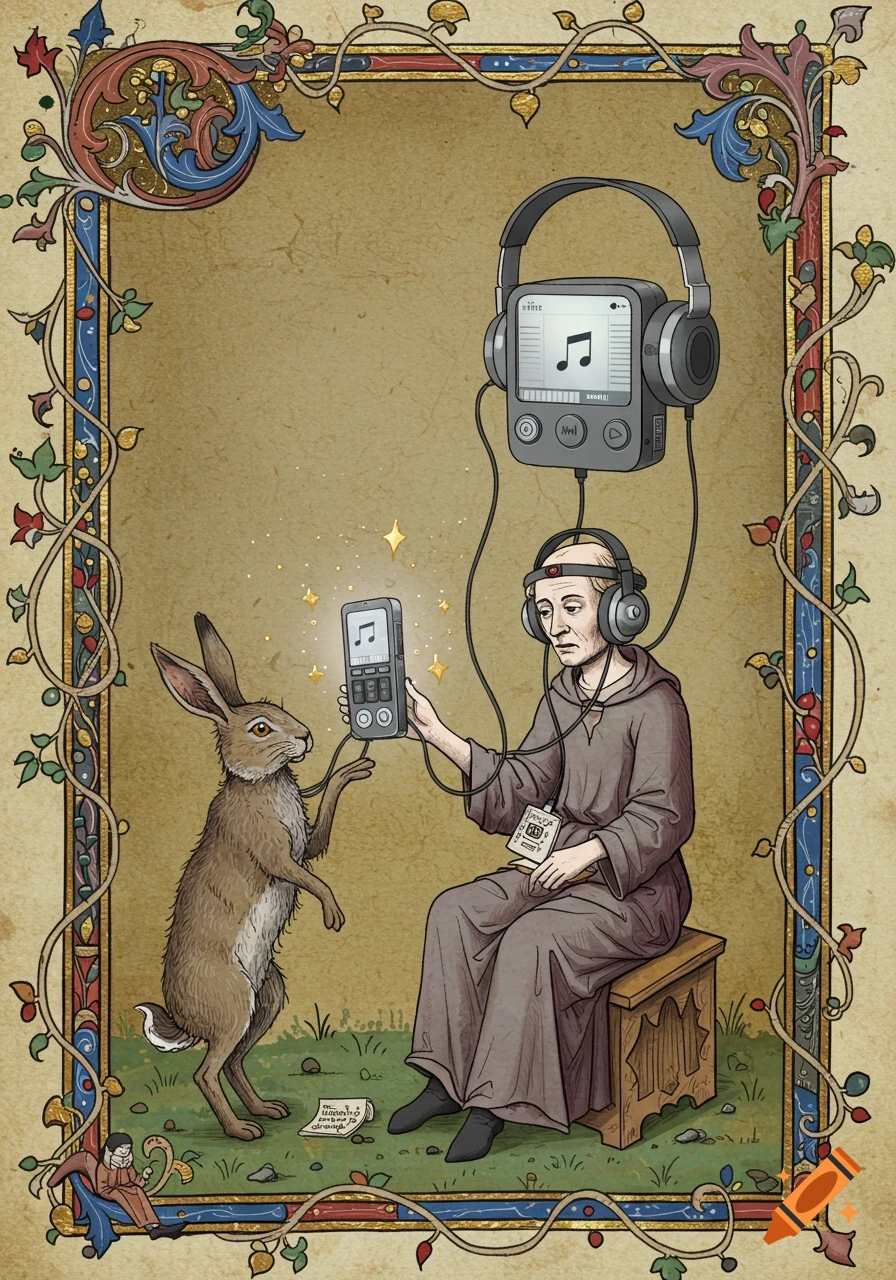 Medieval manuscript illustration of a monk with headphones listening to a magic podcast device held by a hare.