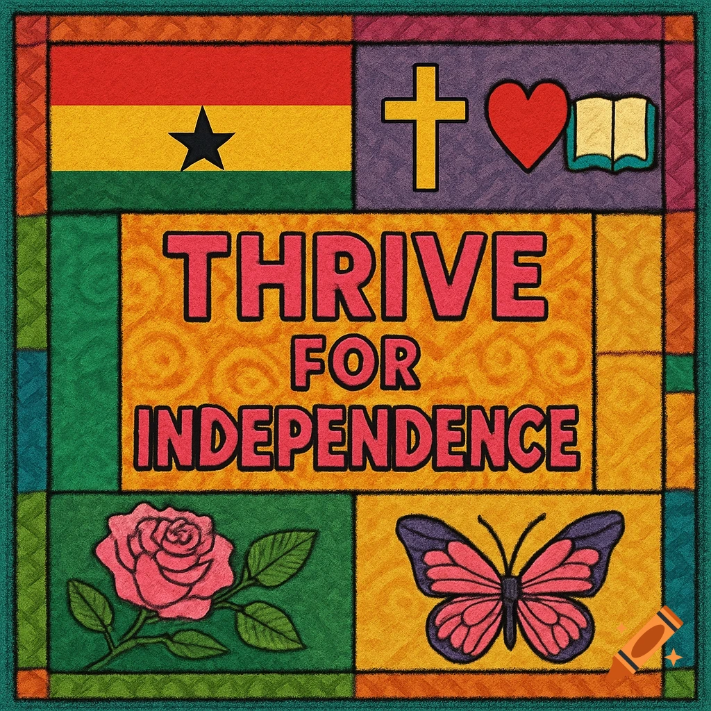 A graphic design in a quilt-like square layout featuring the Ghana flag, a cross, heart, open book, pink rose, and butterfly surrounding the motto 'Thrive for Independence'.
