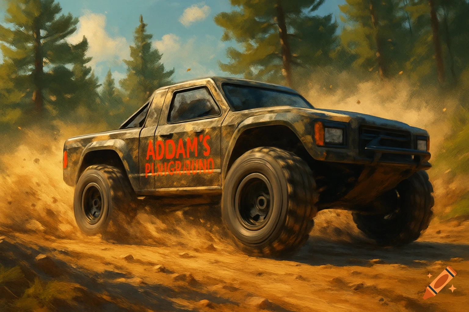 A painterly image of a camouflage RC truck kicking up dust while driving on a dirt track through a forest.