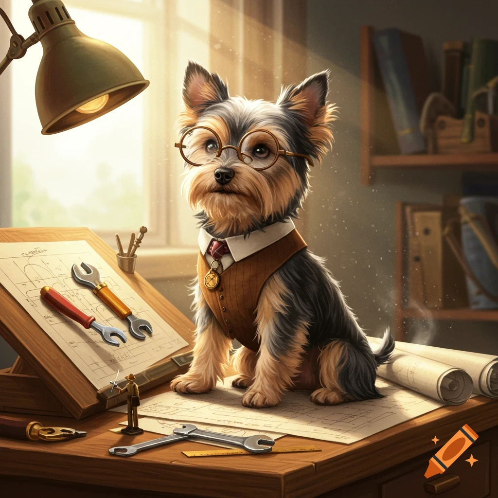 A cute Australian silky terrier wears glasses and an engineer's vest, sitting at a desk with blueprints and tools.