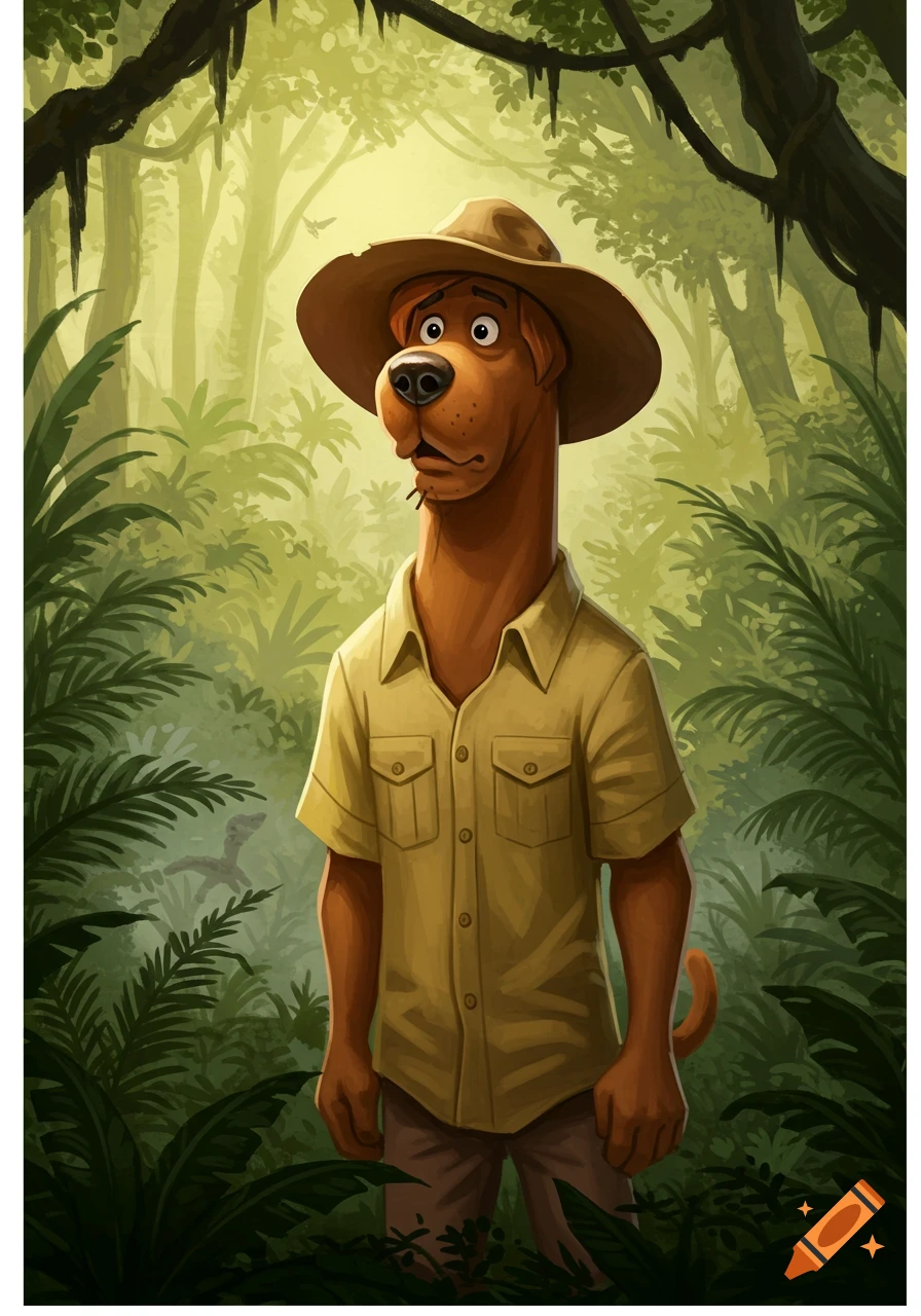 Scooby Doo dressed as an explorer with a hat and shirt, standing in a lush, green jungle in a cartoon style.