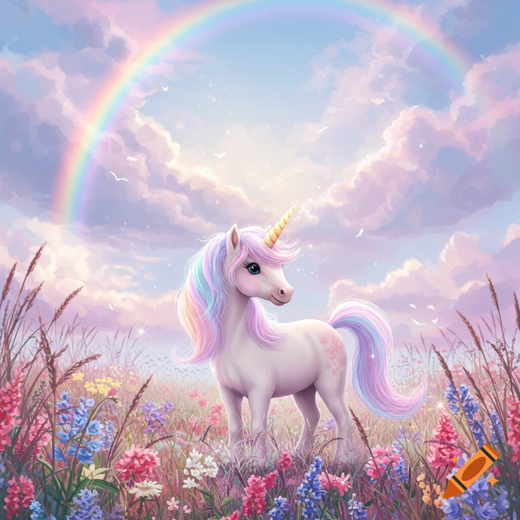 A cute, pastel-colored unicorn with a rainbow mane stands in a vibrant flower-filled meadow under a sky with a rainbow.