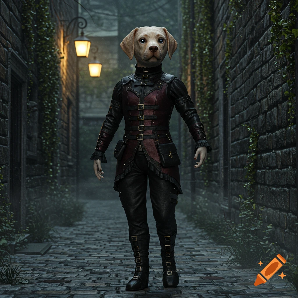 A realistic anthropomorphic dog creature in a dark gothic outfit stands in a cobblestone alleyway with lanterns.