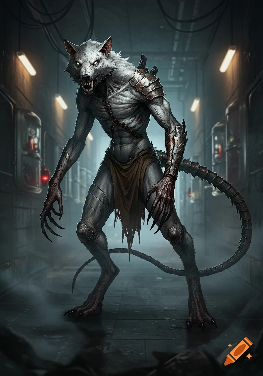 A terrifying humanoid creature with wolf and rat features, armored in rusted iron, stands in a dark, misty corridor.