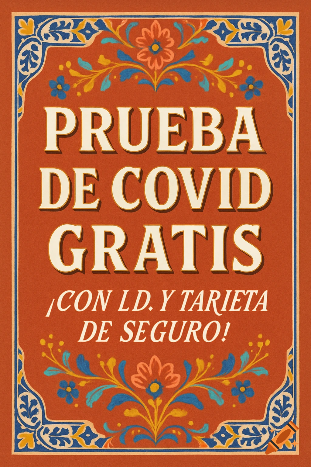 A red and orange poster with decorative borders, advertising free COVID tests with ID and insurance card.