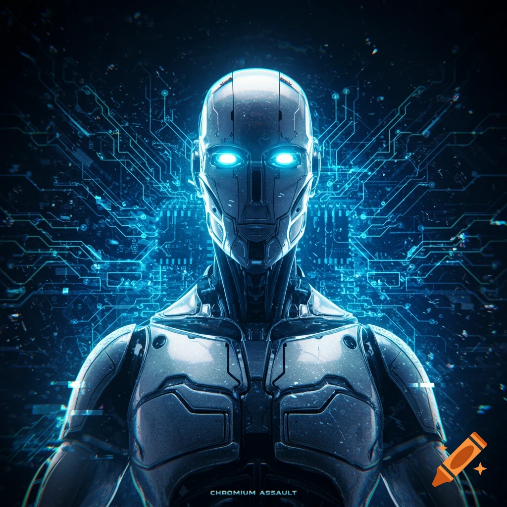 Close-up of a futuristic humanoid robot with glowing blue eyes and a circuit board background, text 'CHROMIUM ASSAULT'.