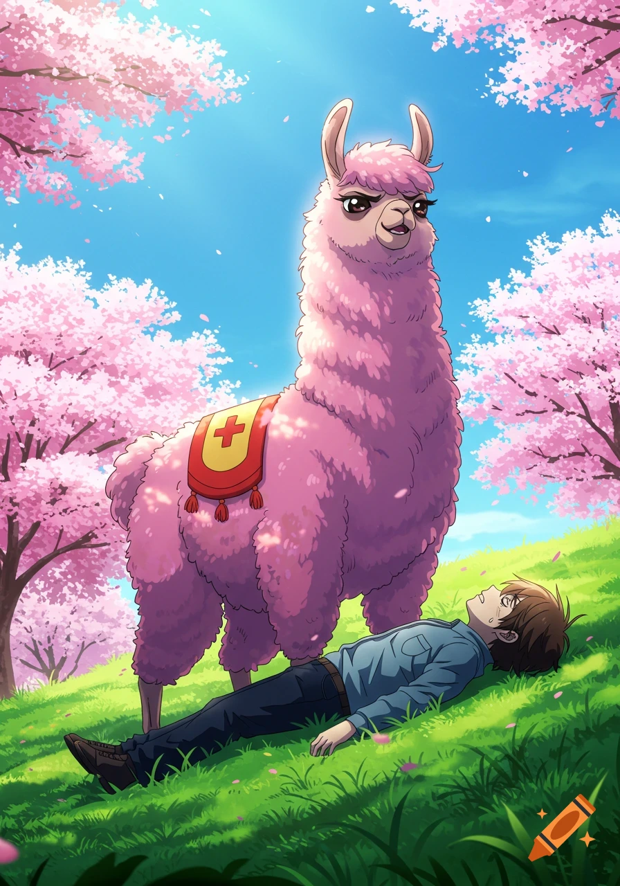 A large pink llama stands over a person lying on green grass under pink cherry blossom trees in an anime style.