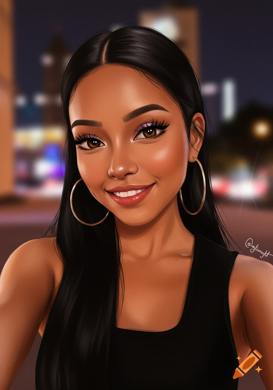 Digital illustration of a smiling young woman with long dark hair, hoop earrings, and lavender eyeshadow, against a blurred city night background.