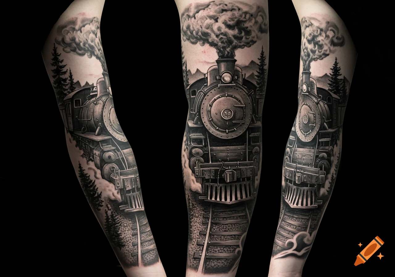 Black and gray tattoo sleeve depicting a detailed steam train on tracks winding through a forest with mountains and smoke.