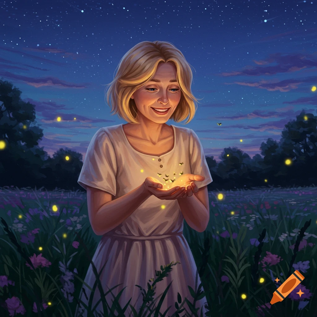 A woman with short blond hair smiling and holding glowing fireflies in a starry night field.
