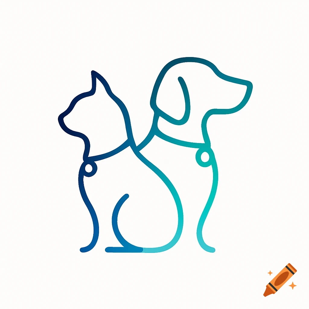Minimalist blue-green gradient line art logo of a cat and a dog sitting back-to-back on a white background.