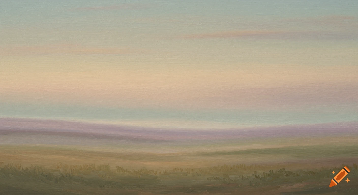 A minimalistic abstract oil painting of a pastel landscape with rolling hills in earth tones and a soft sky.