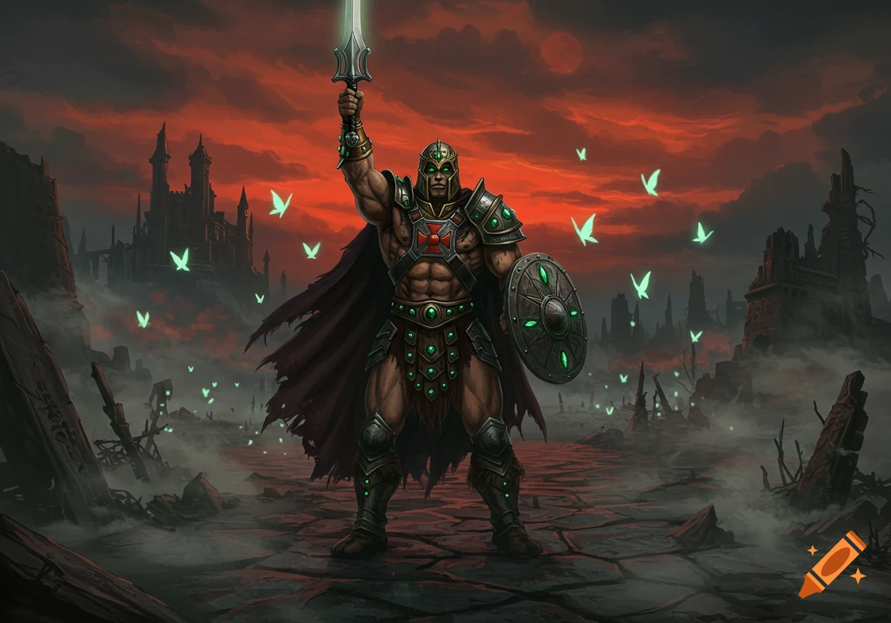 A muscular warrior resembling He-Man stands holding a glowing sword in a dark, misty fantasy landscape with ruined castles under a red sky.