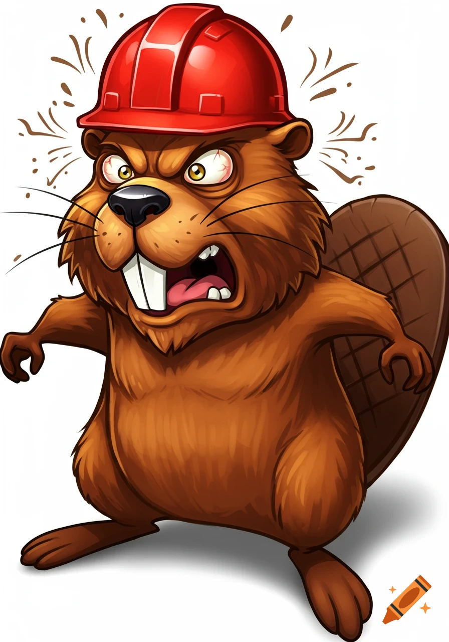 An angry cartoon beaver with brown fur, wearing a red hard hat, showing large teeth and glaring eyes on a white background.