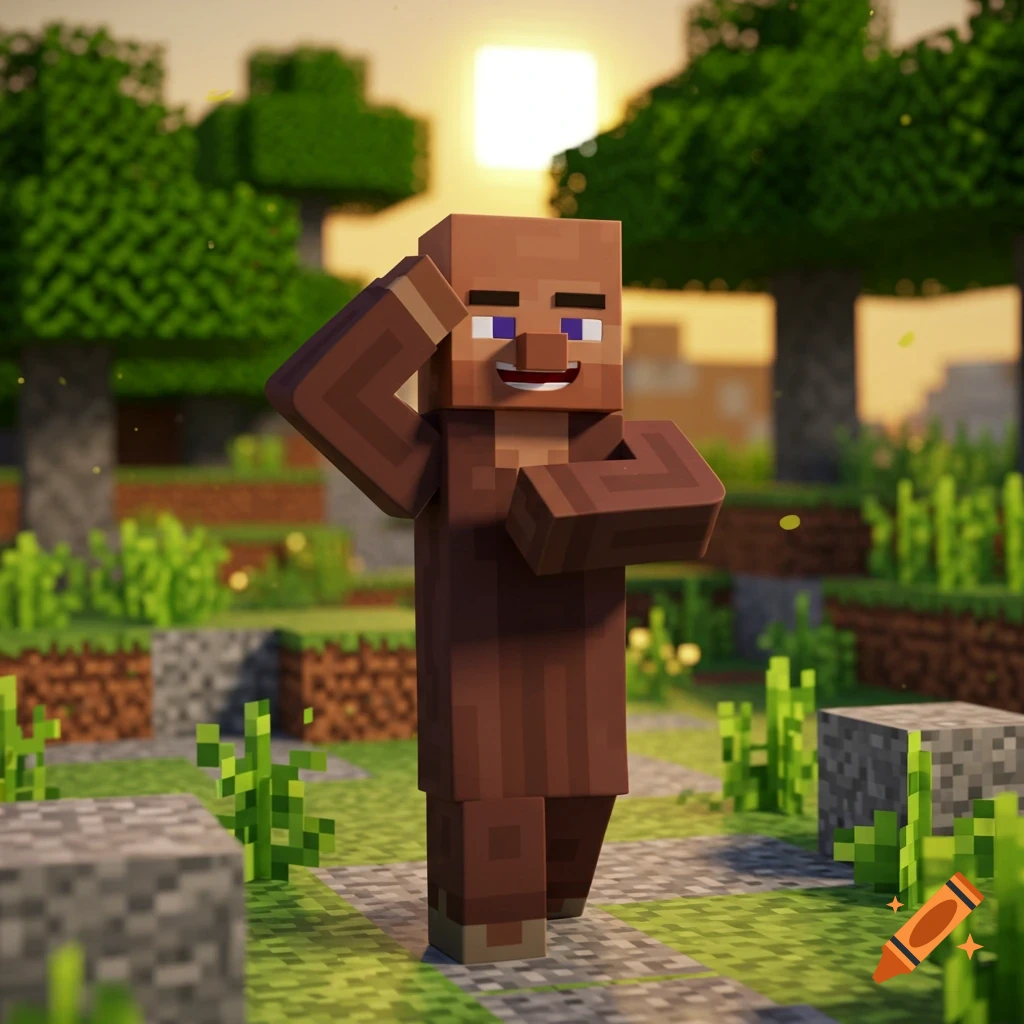 A Minecraft villager with a brown body and bald head stands in a blocky landscape with trees and grass, saluting under a bright sun.