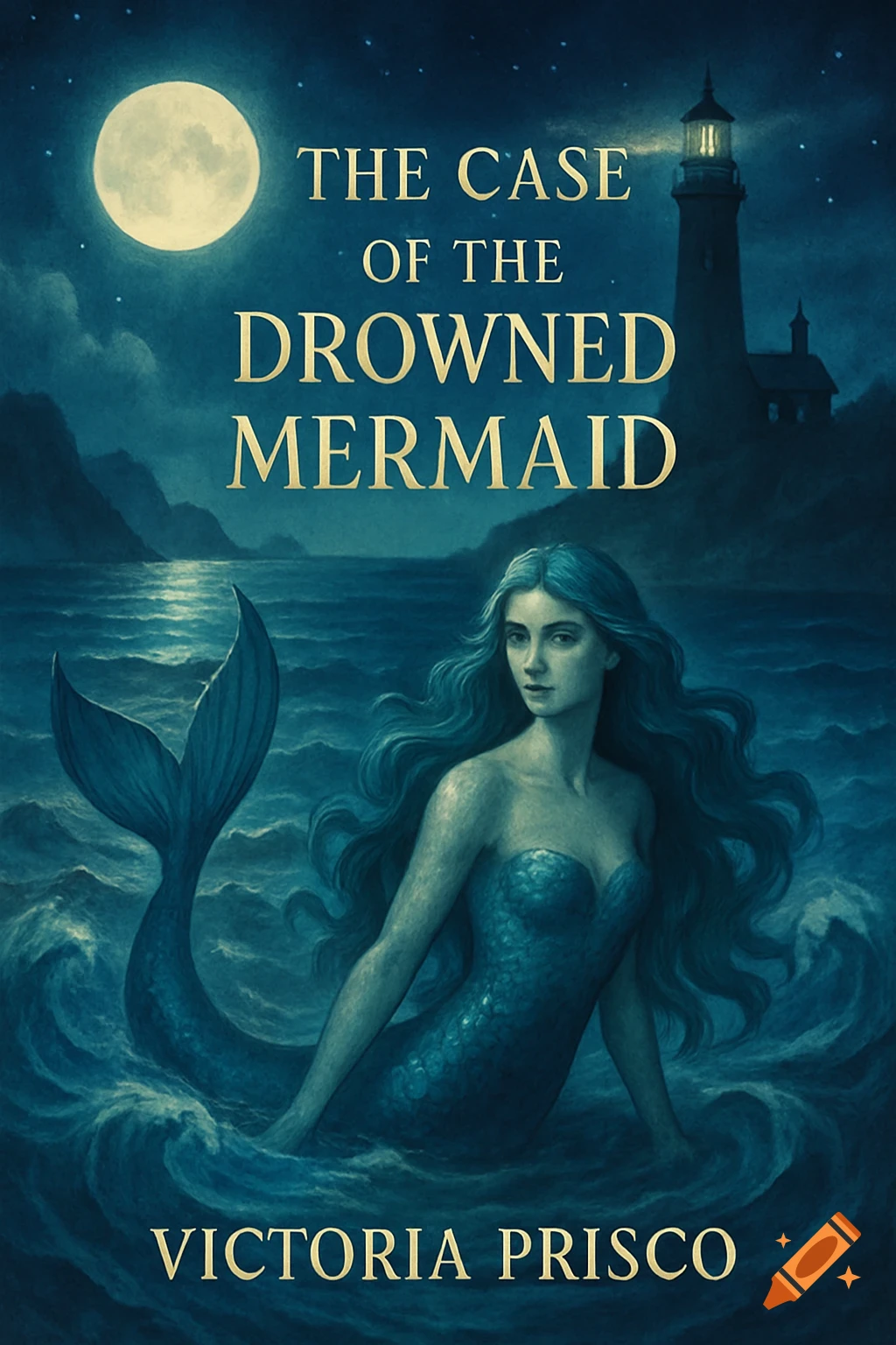 Fantasy book cover with a mermaid in choppy sea under a full moon, with a lighthouse in the background.
