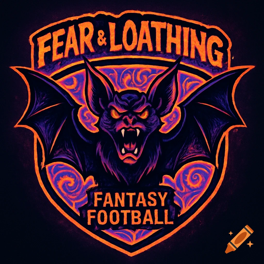 A dark, stylized logo with an angry bat, glowing eyes, and spread wings. Text reads 'FEAR & LOATHING' and 'FANTASY FOOTBALL' in orange, purple, and black.