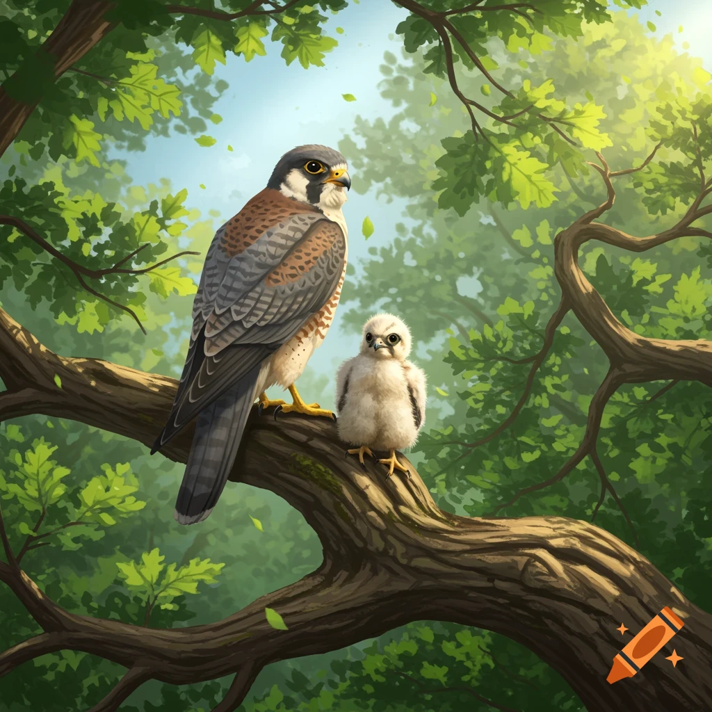 A large falcon and a small fluffy chick perch on a tree branch in a green forest.