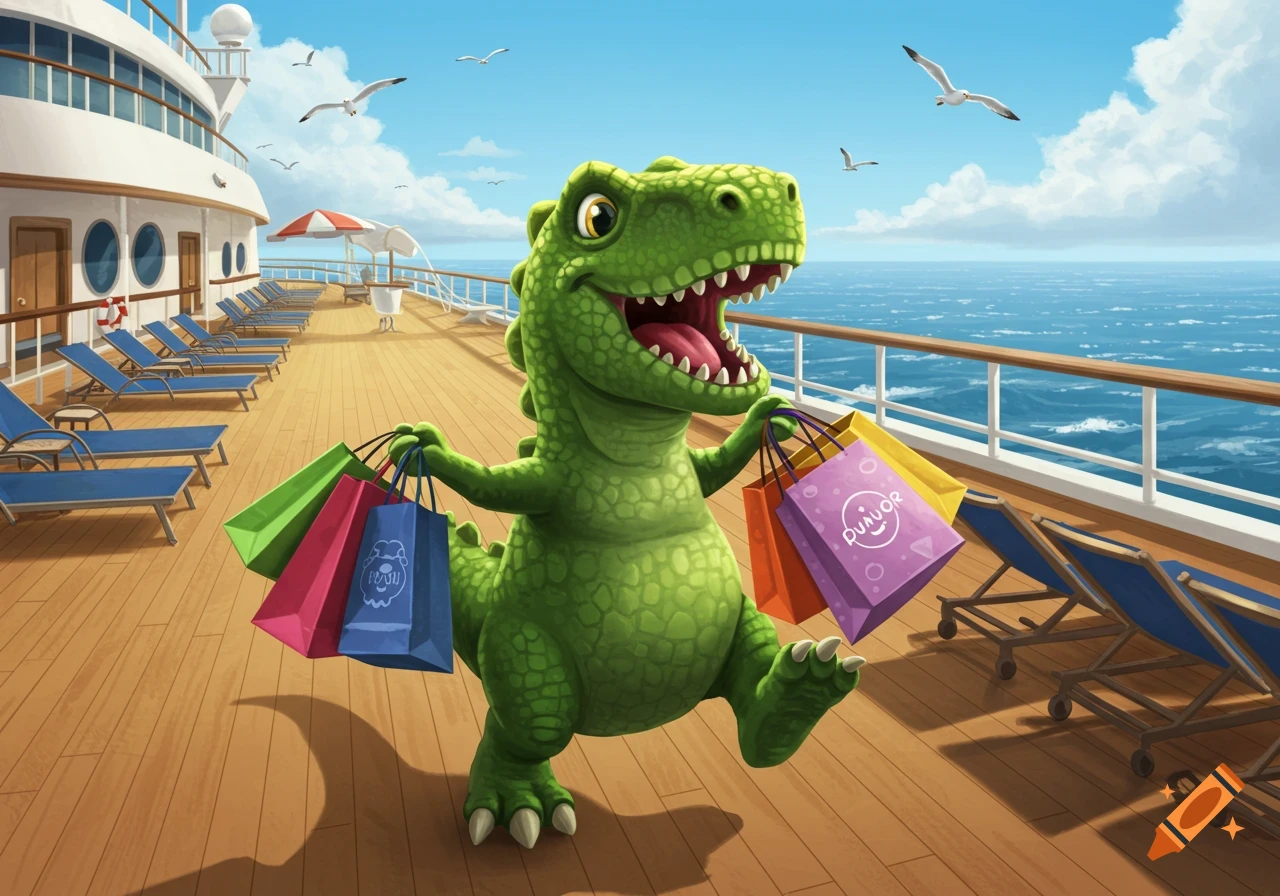 A cheerful green cartoon dinosaur walks on the deck of a cruise ship, holding several colorful shopping bags. The ocean and seagulls are in the background.