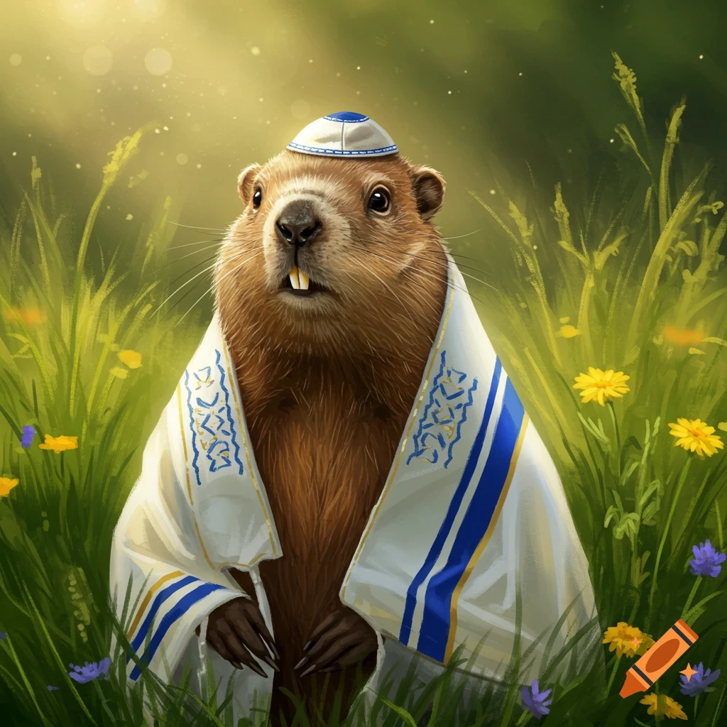 A fluffy brown groundhog stands in a field of green grass and yellow flowers, wearing a white and blue kippah and tallit.