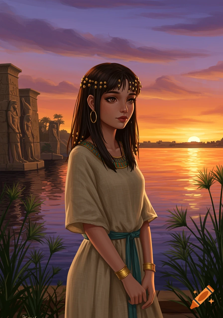An Egyptian teenage girl with dark hair and golden headpiece stands by a river with ancient temples at sunset, in an art style.