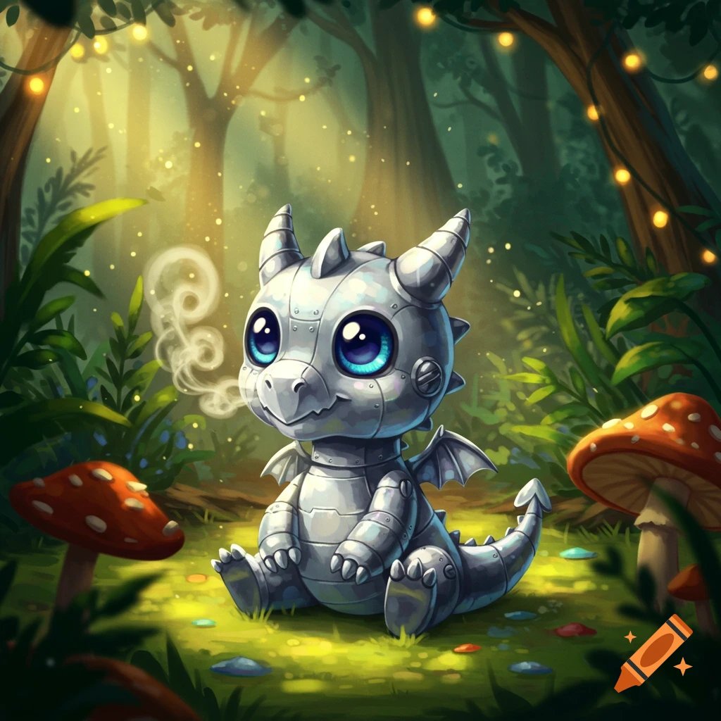 A cute cartoon metal baby dragon with big blue eyes sits on the forest floor, exhaling smoke, surrounded by mushrooms and glowing lights.