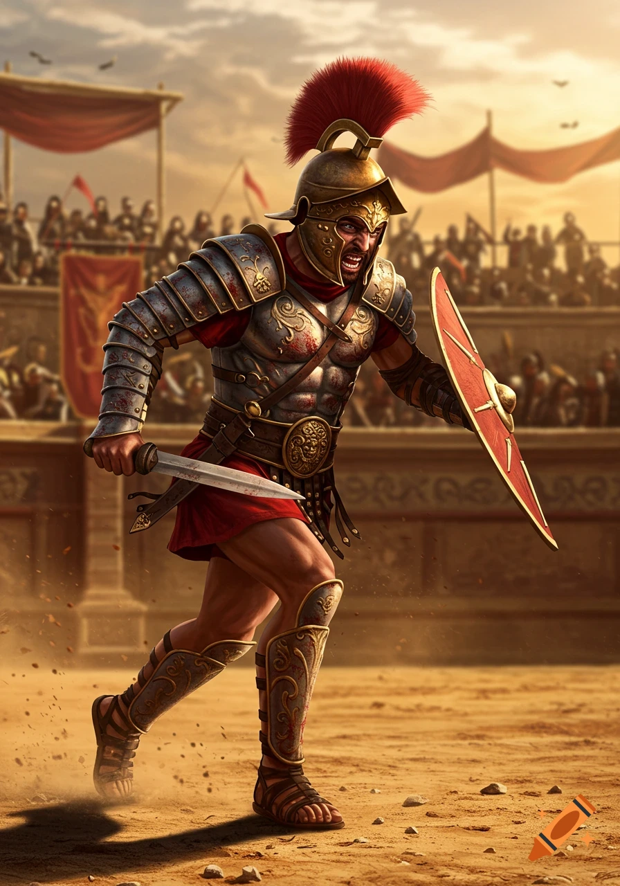 A roaring Roman gladiator in full armor, holding a sword and shield, runs across a sandy arena with a crowd in the background.