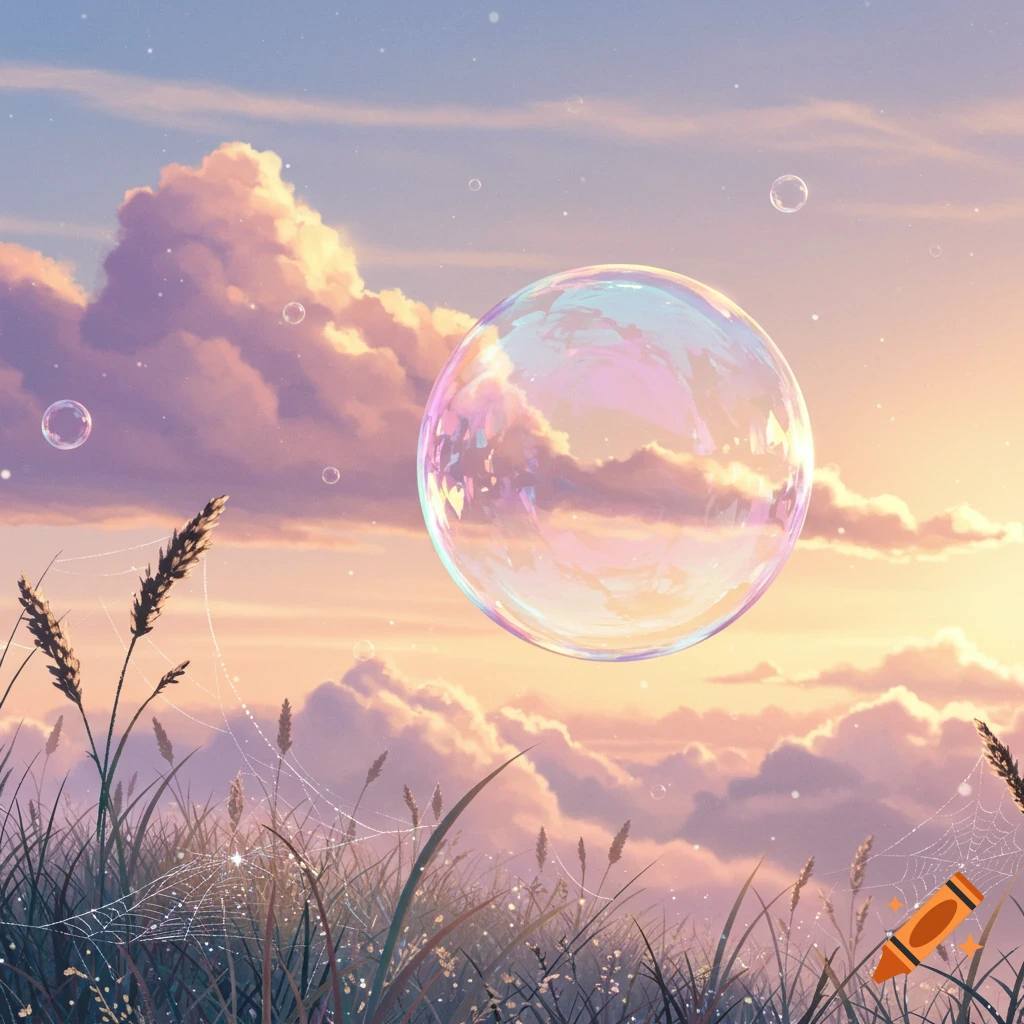Large iridescent bubble floats above grass with spiderwebs, under a pastel sunset sky with fluffy clouds. Painterly.