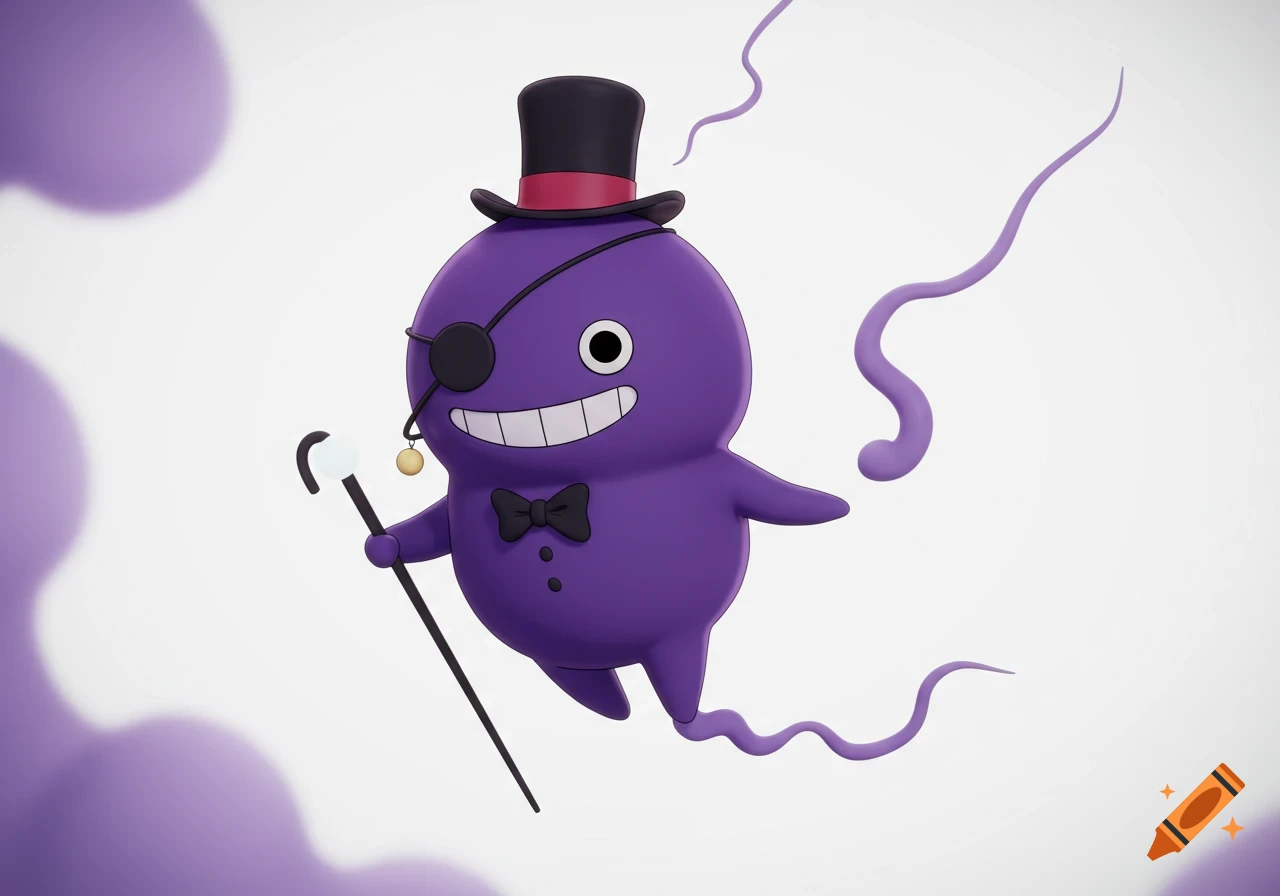 A purple, spherical, anime-style character with an eyepatch, top hat, bow tie, and cane, smiling, in a white space with purple smoke.
