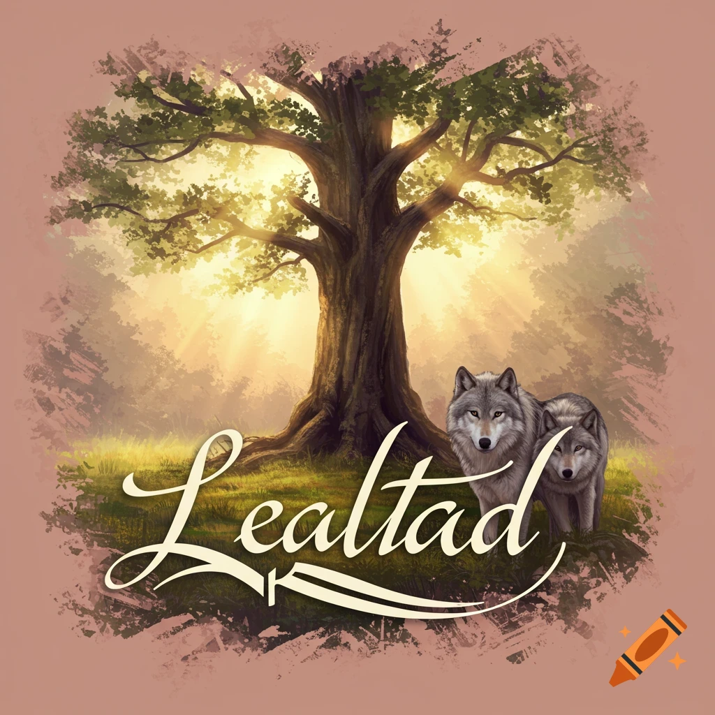 Painterly illustration of two wolves in a forest with a large tree and sun rays, with the word 'Lealtad' in script.