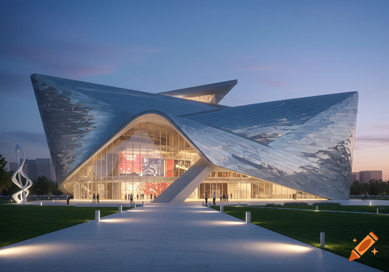 A modern concert hall with a curved, metallic silver and glass exterior at dusk, illuminated by warm lights, with people walking outside.