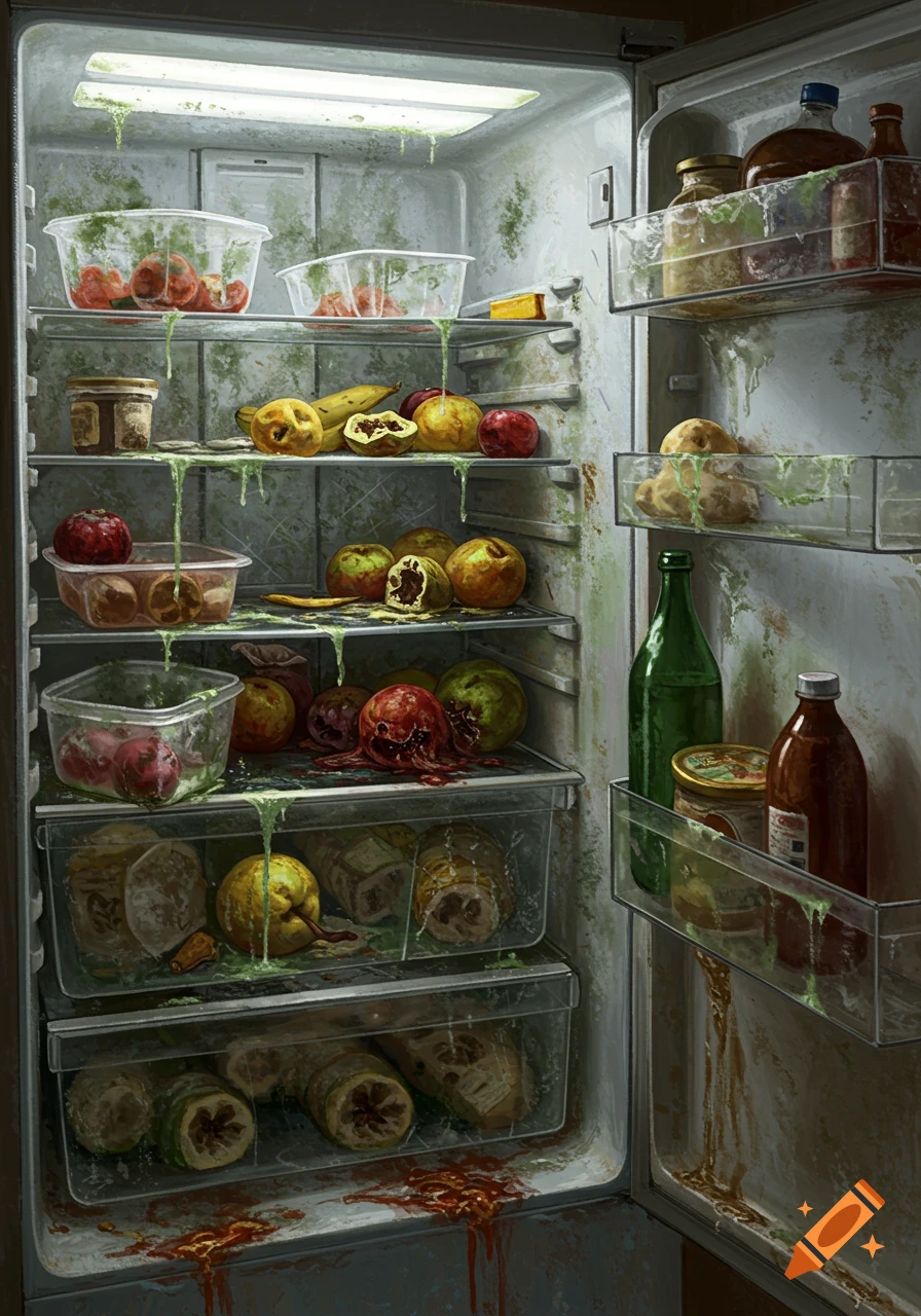 An open refrigerator filled with severely moldy, rotten, and decaying food items, with green slime and red goo dripping.
