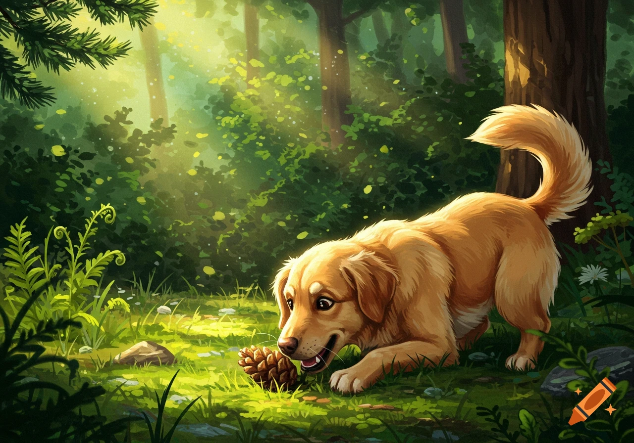 A golden retriever dog with a pinecone in a sunny, vibrant forest. Illustrated style.