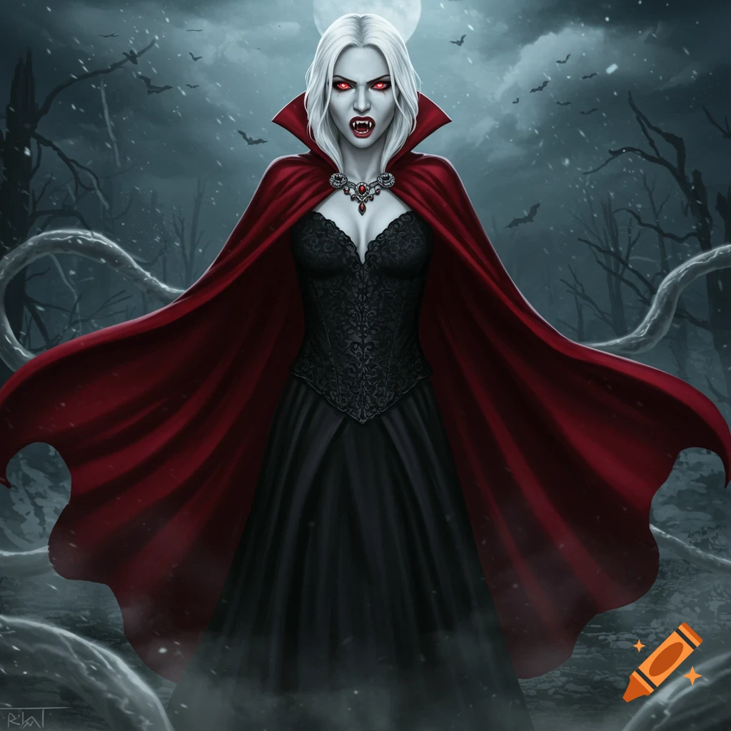 Digital painting of a pale female vampire with white hair, red eyes, fangs, a black dress, and a red cape in a dark, snowy forest.