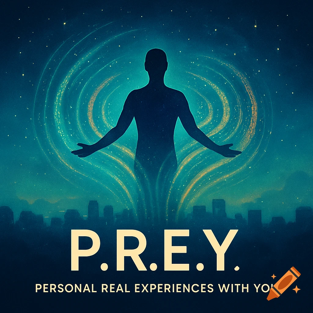 Mystical graphic of a human silhouette with outstretched arms, emerging from a cosmic vortex above a city skyline, with the text 'P.R.E.Y. PERSONAL REAL EXPERIENCES WITH YOU'.
