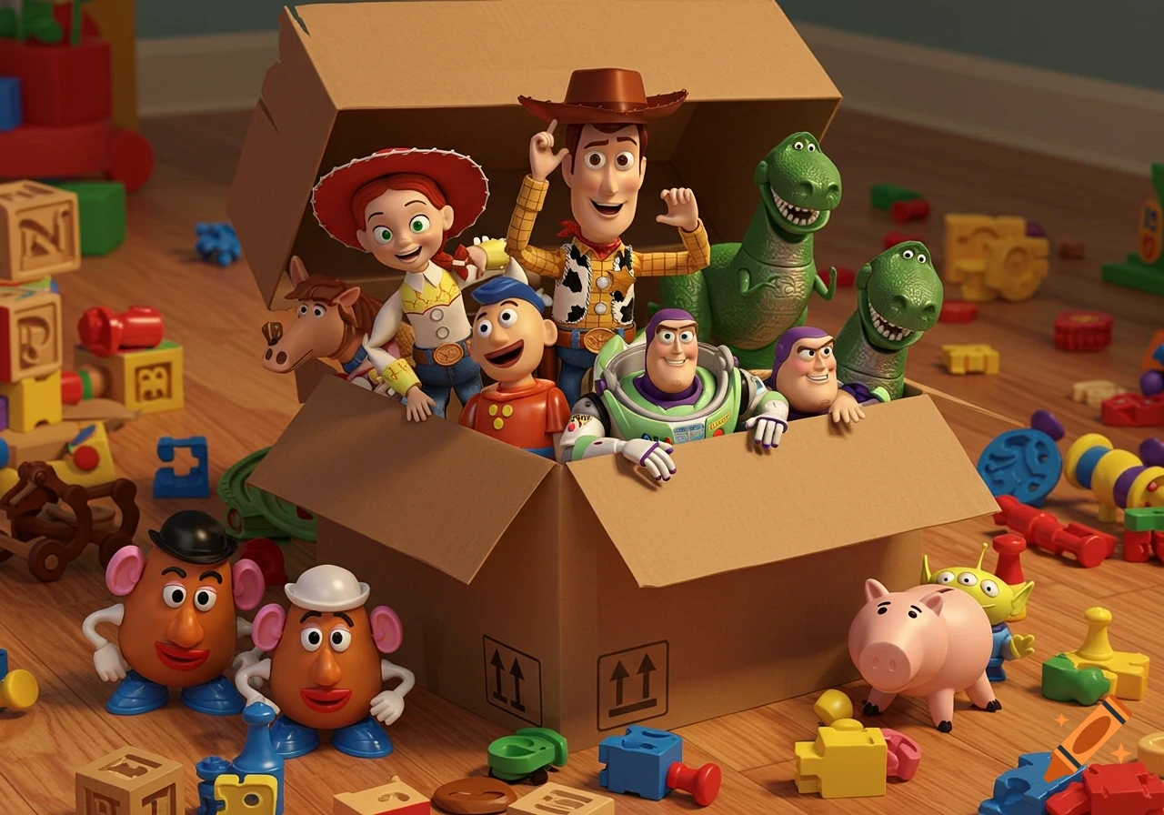 CGI scene of Woody, Jessie, Buzz Lightyear, and other Toy Story characters playfully emerging from a cardboard box surrounded by toys.