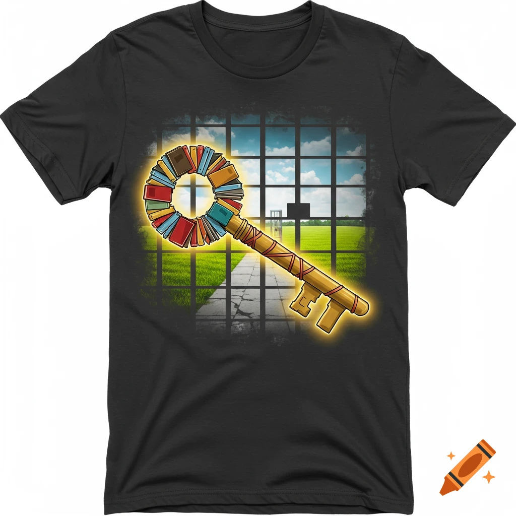 T-shirt graphic: A golden key with a head made of colorful books, glowing against prison bars opening to a vibrant field and sky.