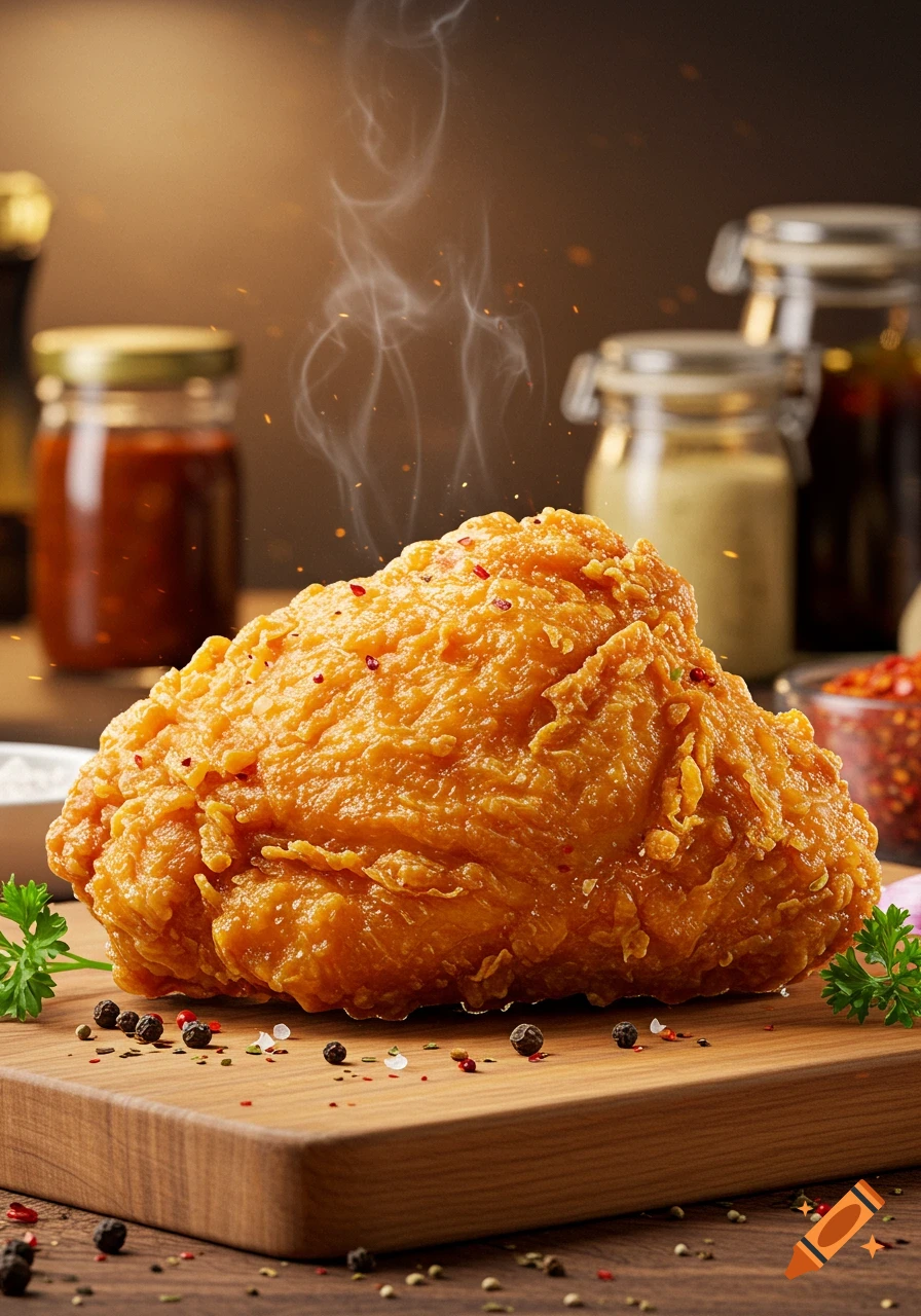 A hot, crispy piece of fried chicken on a wooden cutting board with scattered spices and blurred jars in the background, steam rising.